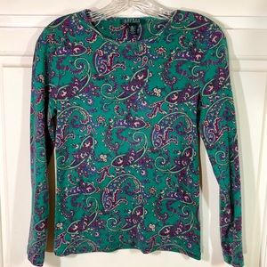 Lauren Ralph Lauren Green Paisley Knit LS Shirt M